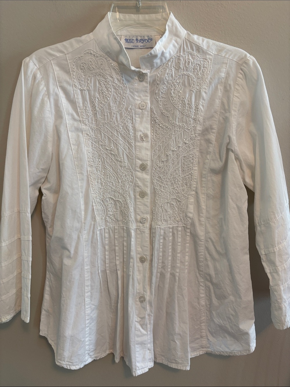 Bleu Bayou White Embroidered Mandarin Collar Button-Down Shirt - Classic